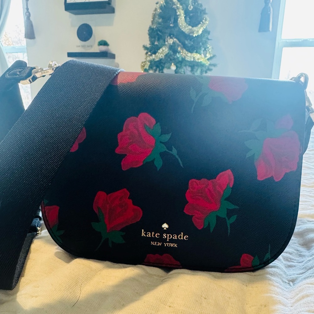 Kate Spade Black and Pink Rose Crossbody Bag
